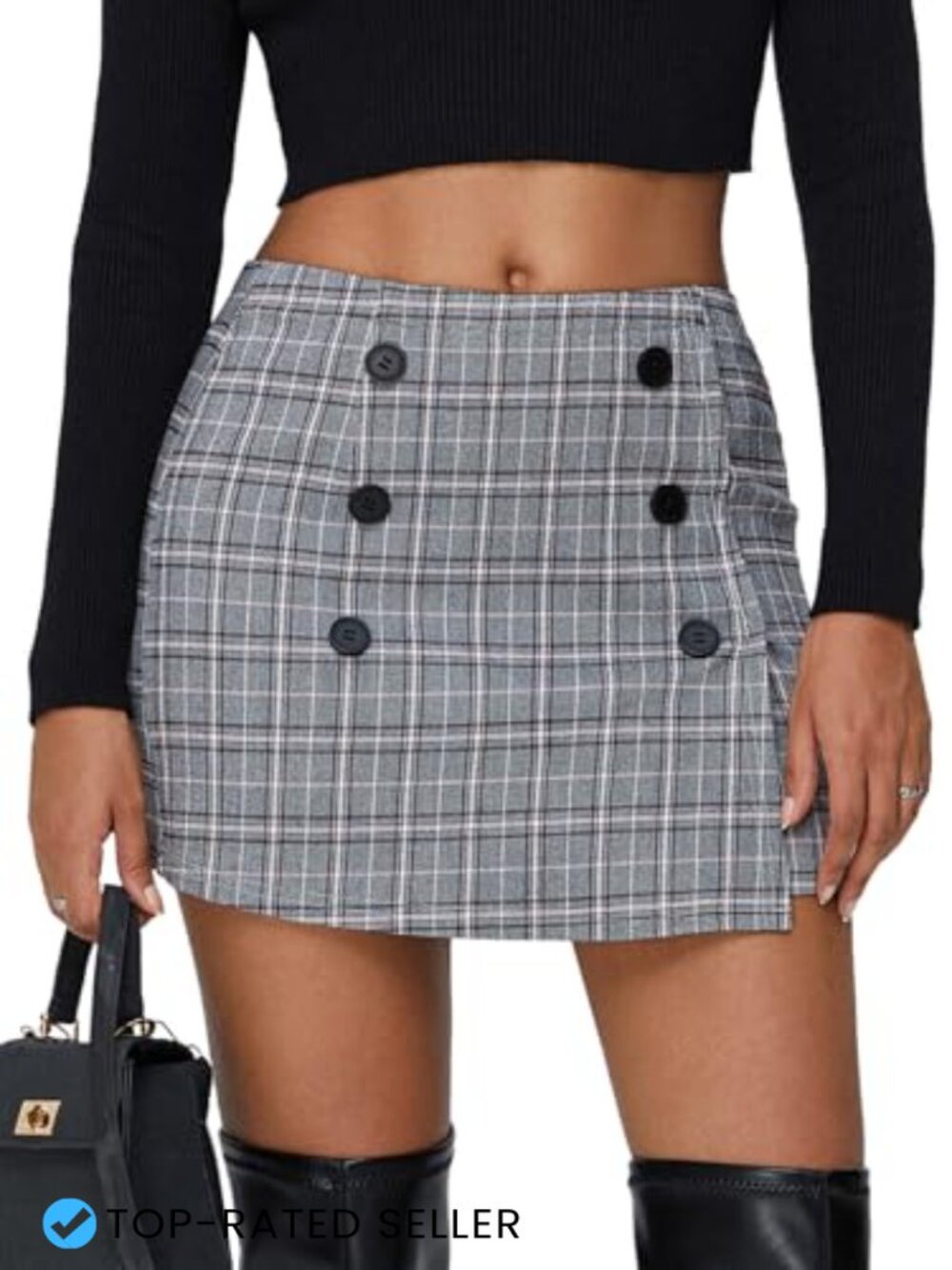 Plaid Tweed Bodycon Mini Skirt High Elastic Waist Double Button Y2K Fall